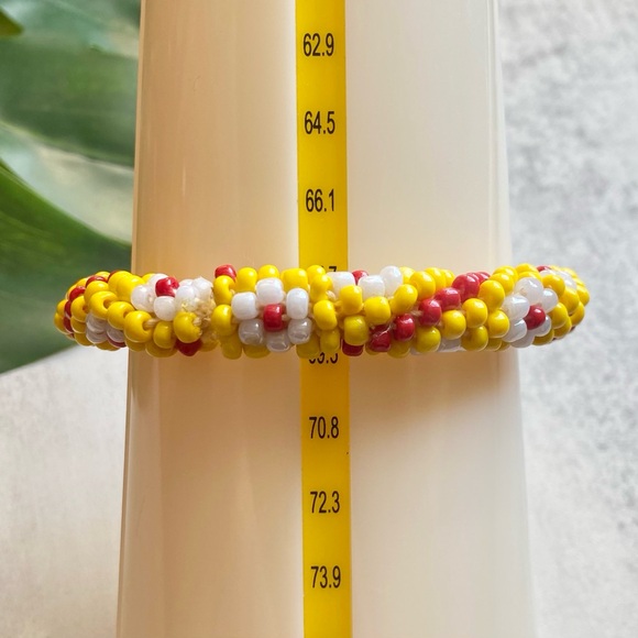 Artisan Yellow Red Crochet Seed Bead Bangle Bracelet - Picture 4 of 5